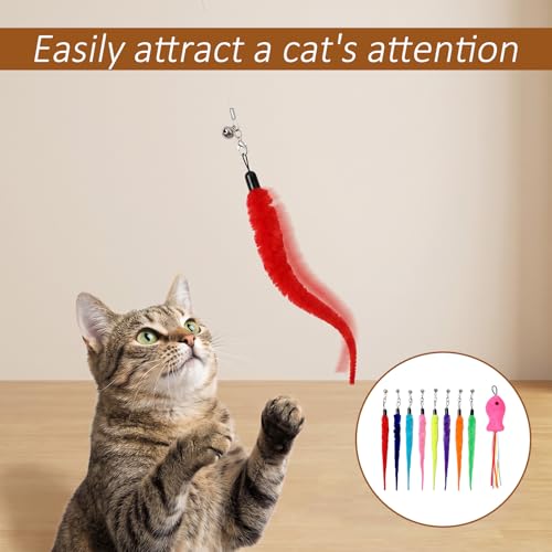 10 PCS Cat Worm Toy Including Worm & Little Fish, Interactive Cat Wand Toy Retractable Cats Wand Attachment Fuzzy Worms Toys Cats Fishing Pole Toys with Wands Replacement Rope for Play Exercise