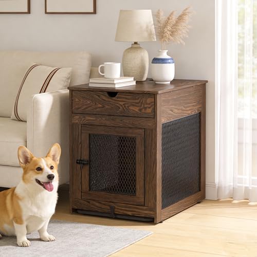 Dog Crate Furniture,Wooden Dog Crate End Table with Storage Drawer&Cushion&Tray, QC3.0 Wireless Charging,Dual USB,Small Dogs Rustic Style - color: Rustic Brown, size: 25.0"L x 19.0"W x 24.0"H