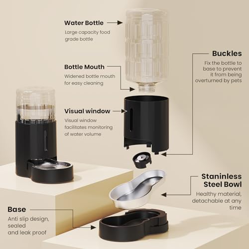 CZPET Dog Water Bowl Dispenser 4L, Wider Mouth & Upgraded Brush for Easy Cleaning Automatic Cat Gravity Refilling Waterer with Removable Stainless Steel Bowl, Large Drinking Area for Multi-Pet (Black) - color: Black