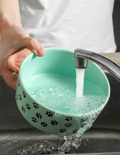 UBEE 6.5 inch Dog Bowls Set of 2, Ceramic Dog Food Water Bowl Dish with Paw Pattern, Pet Food Water Dishes Feeding for Small and Meidum Dogs and Large Cat, Green - color: Green-paw, size: 6.5 inch x 2