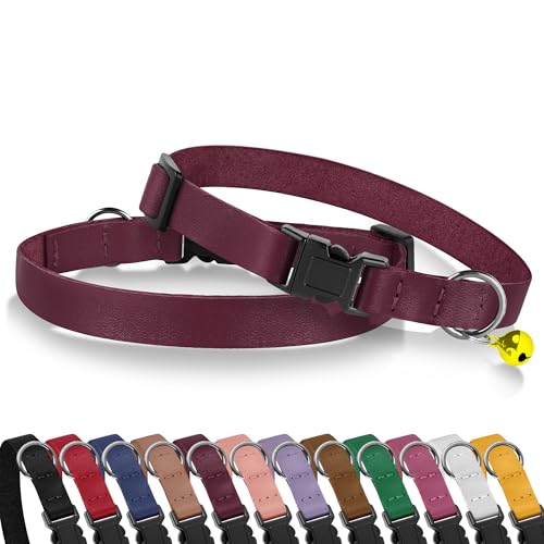 Breakaway Cat Collar with Bell - Leather Adjustable Kitten Collars with Safety Quick Release Buckle - Soft Small Pet Collars for Girl & Boy Cats (Burgundy) - color: Burgundy