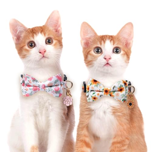 2 Pack Cotton Cat Collar with Bow Tie and Bell for Girl Boy Cats,Cute Pink Flamingo and Blue Whale Pattern Spring Summer Breakaway Cat Collar for Male Female Cats (Flower&Sunflower) - color: Flower&Sunflower