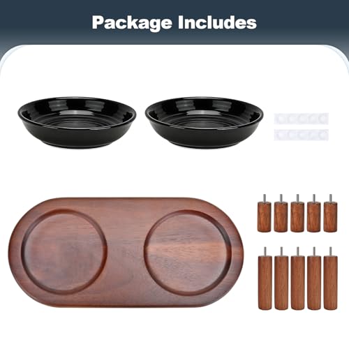 SPUNKYJUNKY Shallow Elevated Cat Bowl with Acacia Wood Stand Wide Raised Ceramic Cat Dishes Whisker Friendly Pet Food and Water Plates (Striped Pattern, Black) - color: Black