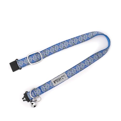 THE WORTHY DOG Patterned Medallion Cat Collar with Bell, Adjustable Nylon Safety Collar, Blue, One Size - color: Blue-Medallion
