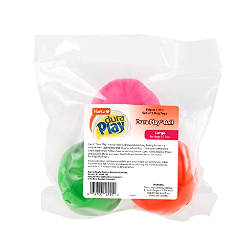 Hartz DuraPlay Ball Squeaky Latex Dog Toy, Neon Green, Neon Pink & Neon Orange, Large 3 Count Pack - size: 3 Count, style: Large Ball