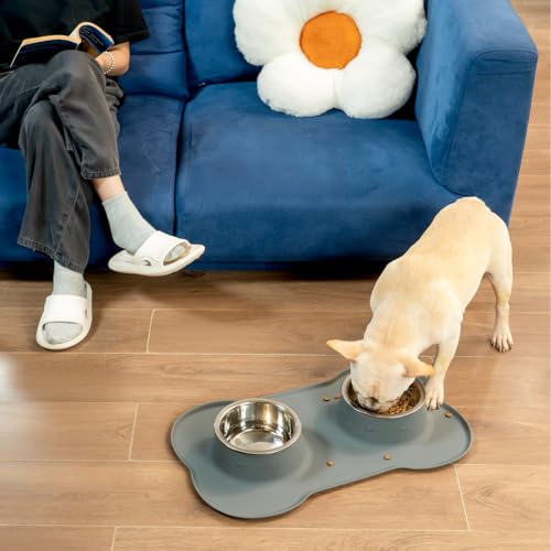 Conlun Medium Pet Feeding Station, 29oz Stainless Steel Dog Bowls Set, No Spill Food & Water Dishes with Non Slip Silicone Mat for Breeds Up to 55 Lbs, Grey - color: Grey, size: Medium-29oz