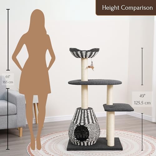 PetPals Ace 4-Level Multi-Activity Cat Tree with Handwoven Recycled Paper Rope Condo and Top Nest Bed, Replaceable Sisal Scratching Posts, Feather Teaser Toy, Black & White - color: Black and white