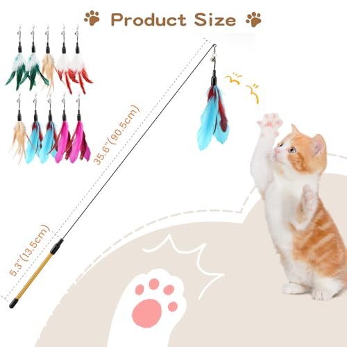 Pawaboo Feather Teaser Cat Toy, Interactive Wands Cats Toy Flying Feathers Cat Catcher with Extra Long 34.5" Wand and Small Bell, Playing Toys, 1 Wand + 10 Feathers, Multi-Color Feather Blend - color: Z-Mixed Color-10 Pack