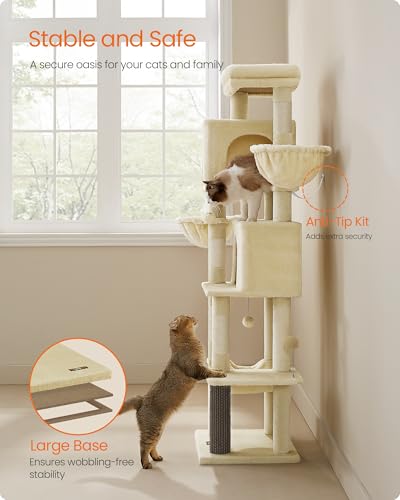 Feandrea Cat Tree, 69-Inch Tall Cat Tower, Multi-Level Plush Condo with 2 Caves, 2 Baskets, 5 Scratching Posts, Self-Groomer, Perch, Hammock, Sand Beige UPCT182Y01 - color: Sand Beige