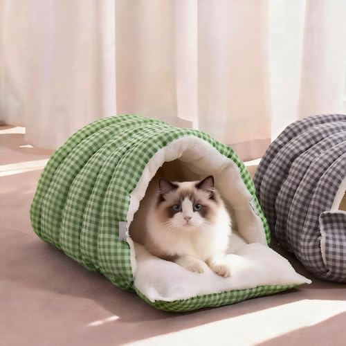 Small Cat Dog Cave Bed Calming Pet Nest Warm Plush Covered Cat House with Hooded Blanket Removable Hooded Blanket Cushion Washable Soft Calming Indoor Cat Bed (Green, Medium) - color: Green, size: Medium