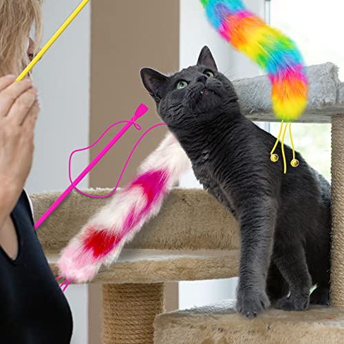 2 Pack Cat Wand Toy, Rainbow Cat Feather Toys with Bells, Teaser Wand with Soft Furry Tail, Interactive Toys for Indoor Cats & Kitten & Kitty - style: D-Yellow&Rose Red-2pcs