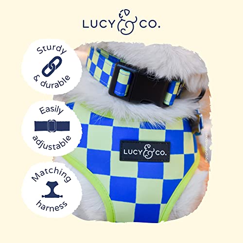 Lucy & Co. Have a Nice Day Dog Collar - Durable Lightweight Designer Collar for Pets - Adjustable Metal Safety Buckle - Lime Green Blue Checker - Small - color: Have a Nice Day Dog Collar, size: Small