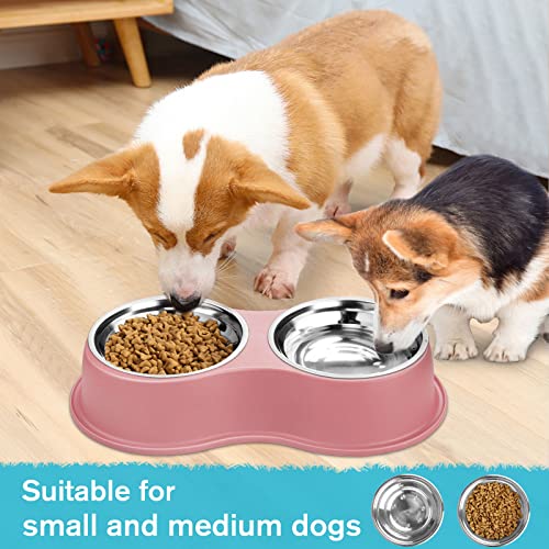 Epetslove Dog Bowls Double Dog Water and Food Bowls Stainless Steel Bowls with Non-Slip Resin Station, Pet Feeder Bowls for Puppy Medium Dogs Cats - color: 3.Pink, size: Medium-18oz