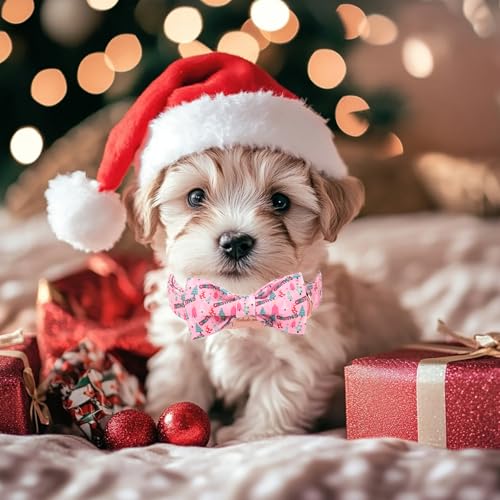 Christmas Dog Collar with Bow Tie - Cute Pink Tree Pattern Christmas Puppy Collar, Adjustable Metal Buckle Winter Bowtie Dog Collars for Small Medium Large Dogs XS - color: B-Pink Christmas Tree, size: XS