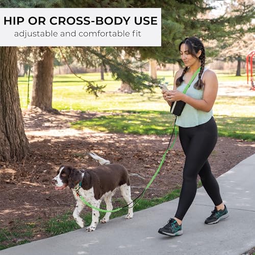 Squirrel Products Hands Free Dog Leash with Hip Belt/Crossbody Strap, Zipper Pouch, and Shock Absorbing Bungee for Walking or Jogging with pet (Green, Black) - color: Green and Black