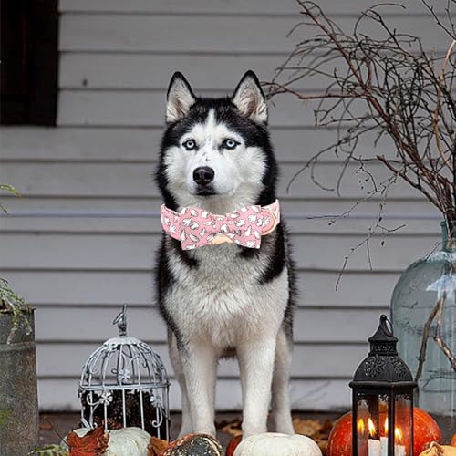 Elegant little tail Halloween Dog Collar, Pink Ghosts Print Dog Collar with Bow Puppy Collar Bowtie Flower Female Cotton Adjustable Collars for Small Medium Large Dogs - color: Pink Ghosts, size: X-Small (Pack of 1)