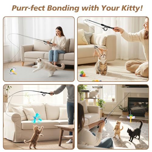 Pawaboo Cat Feather Toys, 4 Pack Interactive Cat feather Teaser Wand Toys, Retractable Fishing Pole Wand Catcher Exerciser with Refill Fish, Dragonfly Worm with Bells, Fun Cat Kitten Kitty Playing Toy - color: Bionic Brown Feather
