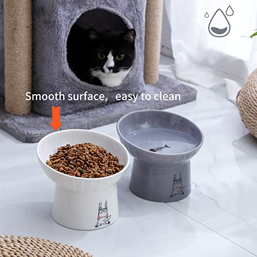 6.5 Inch Extra Wide Ceramic Raised Cat Bowl Set, Tilted Elevated Cat Bowls for Food and Water, Prevent Whisker Fatigue, Stress Free, Less Vomiting, Protect Spine, White & Grey - color: White & Grey