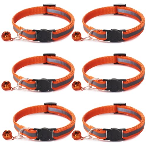 6 Pack Reflective Cat Collar with Bell, Breakaway and Safe Collars for Cats, Nylon, Pet Collar Adjustable19-32cm (Orange) - color: Orange