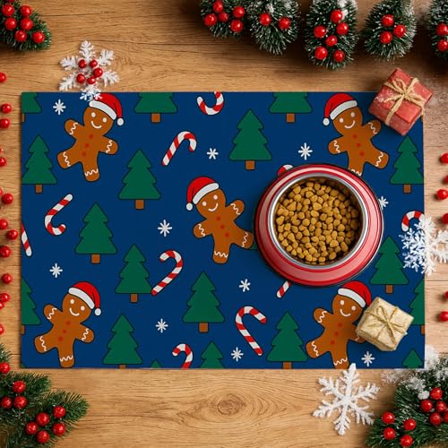 HOMETITUTE Fun Gingerbread Pattern Xmas Pet Placemat Holiday Pet Mat for Food and Water Bowls Spill-Proof Area Pad for Pet Feeding Spaces Easy Clean Mat for Cats Kittens & Small Dogs 20" x 12" - color: brown
