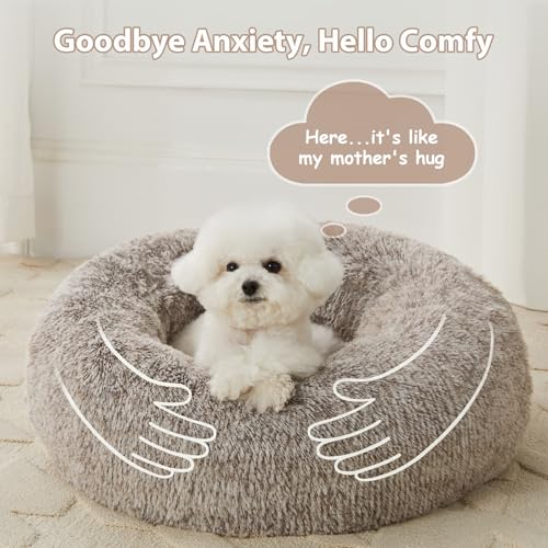 WNPETHOME Calming Dog Bed & Cat Bed, Anti-Anxiety Donut Small Dog Bed, Fluffy Faux Fur Cats Cushion Puppy Bed for Small Pets and Cats (24 x 24 inch, Light Coffee) - color: Light coffee, size: 24"L x 24"W x 8"Th