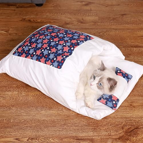Yardwe Cozy Enclosed Cat House with Detachable Washable Cushion Navy Star Pattern L Size Indoor Nest for Kittens