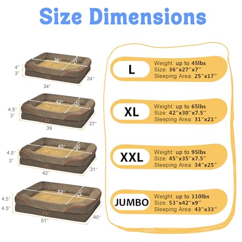 Washable Orthopedic Large Dog Bed - Big Dog Beds with Removable Waterproof Cover and Non-Slip Bottom XL Large Pet Beds with Bolster Extra Large Dogs Bed - color: Coffee, size: Large (36"L x 27"W x 7"Th)