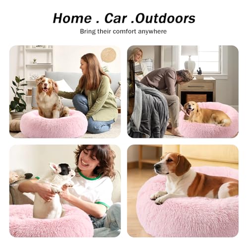 Calming Donut Dog Bed for Small to Medium Dogs & Cats - Plush Faux Fur Anti-Anxiety Pet Bed with Machine Washable Cover & Non-Slip Base - color: Light Pink, size: Small 19.6''