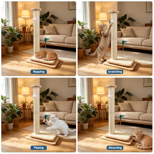 2-in-1 Cat Scratching Post and Pad, 28" Natural Sisal Cat Scratcher for Indoor Cats, Solid Wood Base with Interactive Spring Toy & Dangling Ball, Space-Saving for Indoor Adults Cats - size: 28 inches