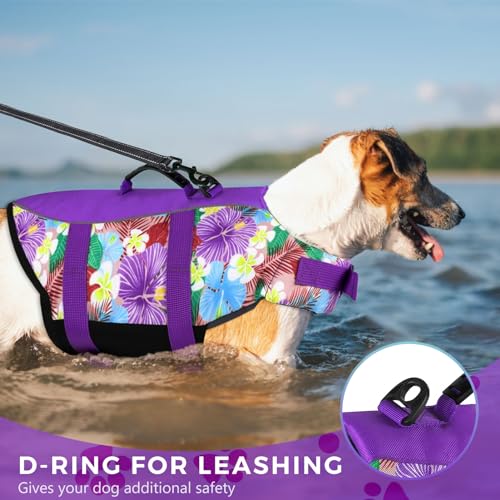 Dog Life Jacket Large, High Flotation Dog Life Vest for Swimming Boating, Hawaiian Reflective Puppy Swim Vest, Adjustable Safety Dogs Floating Vests with Superior Buoyancy and Rescue Handle
