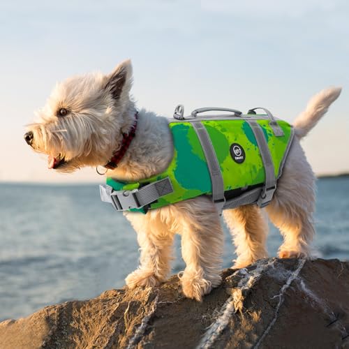 EMUST Dog Life Vests, Adjustable Dog Life Jacket with Rescue Handle, Dogs Flotation Vest for Small/Medium/Large Dogs, XS, MultiGreen - color: MultiGreen, size: XS