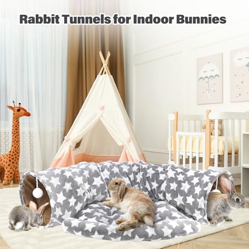 BWOGUE Bunny Tunnel Bed, 2-in-1 Collapsible Tunnel Tubes Toys with Removable Mat Hideout for Cats Kittens Rabbits Guinea Pigs Kitty (Greystar) - color: Greystar