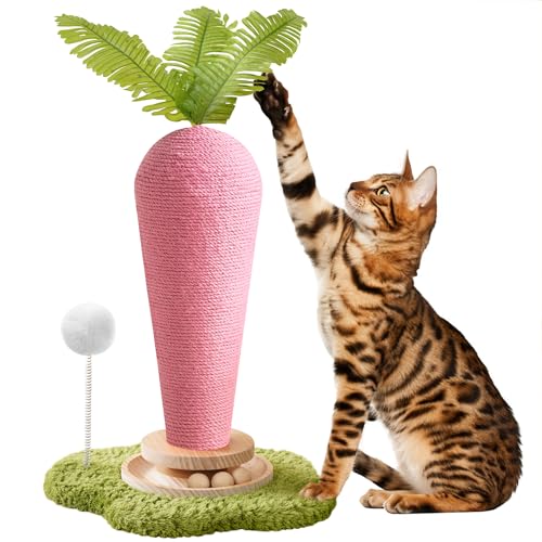 Cute Cat Scratching Post, Carrot Cat Scratcher Post with Durable Natural Wooden Turntable Toy and Catnip, 24'‘ H Carrot Shape Design Sisal Cat Tree Sisal Scratcher for Indoor Cats (Cloud Base) - color: Pink Carrot