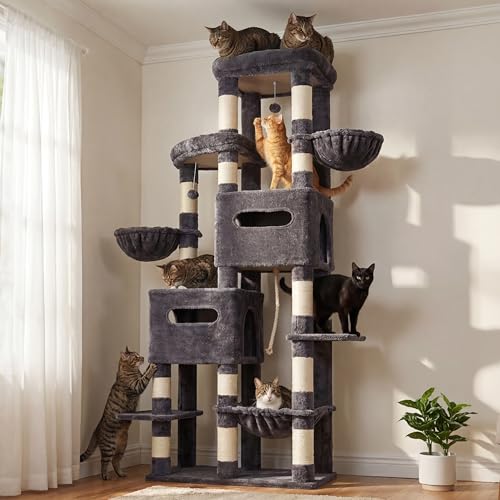 Heybly Cat Tree, 74.8-Inch Spacious & Tall Cat Tower for Large Cats, Cat Furniture with Large Top Perch, Solid Base, 2 Cat Condos, Hanging Hammock, Durable Sisal Scratching Posts, Smoky Gray HCT062G - color: Smoky Gray