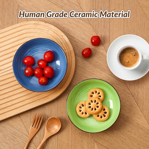 Colorful Ceramic Cat Bowls Set, 6 Pack Whisker-Friendly Cat Dishes for Food and Water, 5.7" Wide and Shallow Plates for Dry Wet Food, Ideal for Multi-Pet Homes, Microwave & Dishwasher Safe