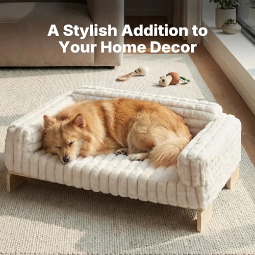 Veehoo Elevated Cat Bed Indoor, Wood Furniture Style Cat Couch Sofa with Removable Washable Cover, Cute & Fluffy Small Cats Bed Furniture for Home