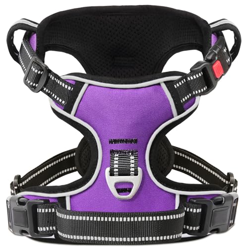 Dog Harness Small Sized, No Pull with Neck Lockable Snap,No Choke Front Clip Dog Reflective Harness,Adjustable Metal Rings 3 Buckles,Easy Control Handle for Small Dogs Purple S - color: Lock Purple, size: Small (Pack of 1)