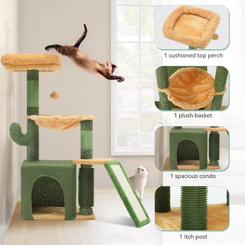 YITAHOME 37in Tall Cactus Cat Tree Tower: Cute Kitten Climbing Tower with Self-Grooming Brush, for Indoor Cats with Kitty Condo Plush Platform Hammock Sisal Scratching Posts Dangling Ball - style: Cactus-37in