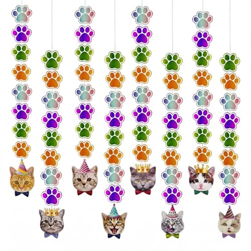 Cat Birthday Banner Garland – 8-Pc Kitten Cat Face & Paw Cutouts, Pre-Strung Indoor Reusable Party Decoration for Cats & Kids, 6 ft - size: Cat Banner Garland