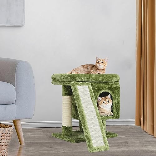 YANDLVY Small Cat Tower for Cats, Cute Cat Tree for Indoor Cats, Kittens Condo with Scratching Post and Board, Cat Cave, Modern Cat Activity House with Plush Perch (Green) - color: Green