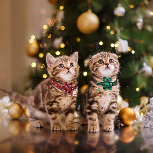 Vellibring 3 Pack Cat Collars, Christmas Flower Kitten Collars with Adjustable Breakaway Bow Tie Bell Plaid Snowflake Xmas Pet Supplies for Cats