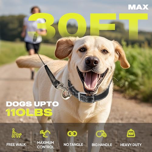Fida 30ft Upgraded Retractable Dog Leash, Heavy Duty Pet Walking Leash for Medium/Large Breed up to 110 lbs, 360° Tangle-Free Long Retract Dog Lead, Soft Grip, One-Hand Brake, Neon Yellow - color: Neon Yellow, size: Large(30ft)