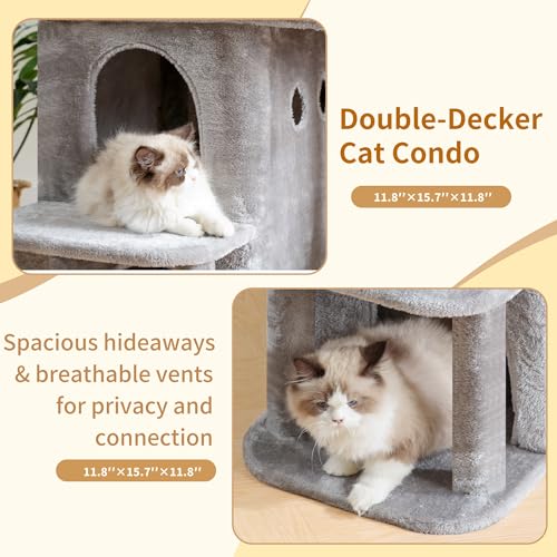 Heybly Cat Tree, 25.6-inch Cat Tower with Spacious Top Perch for Large Cats, Stair-Style Cat House Furniture with Dual-Layer Condos, Sisal Scratching Posts, Cozy Basket & Pompom, Light Gray HCT204SW - color: Light Gray, size: 25.6 inch