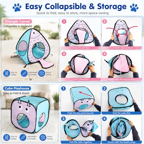 Rypet Cat Toy Tunnel and Cubes Bundle - Interactive Crinkle Collapsible Cat Tube and Foldable Cubes Playground for Kitty, Rabbit, Puppy, Ferret Hiding Hunting and Resting - color: Blue