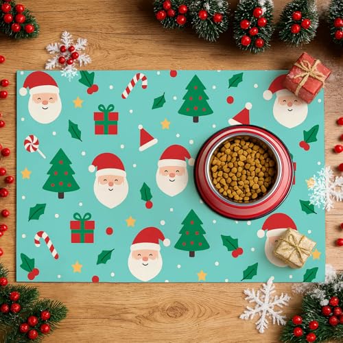 HOMETITUTE Cute Christmas Themed Pet Food Mat Green Santa Print Dog Feeding Mat Non Slip Mats for Cat Food and Water Bowls 20" x 12" Dog Bowl Mats Pets Placemat Easy Clean Christmas Pet Supplies - color: Green