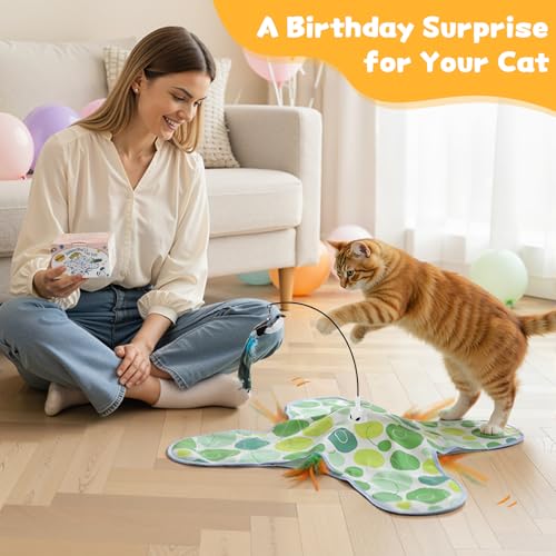 Interactive Cat Toys with Bird, Hide and Seek Cat Toy, 2 in 1 Automatic Moving Concealed Feathers for Indoor Cats, Non-Slip Suction, Touch Activated, USB Rechargeable, Green - color: Green-with Bird