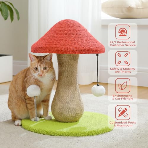 PETEPELA Mushroom Cat Scratching Post, Cat Scratcher Cute with 100% Sisal Covered Scratching Post & Pompoms Toy, Mushroom Cat Post for Indoor Cats - color: Mushroon Pink