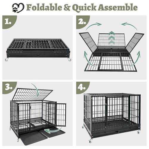 2 Pack Two Tiers 47 Inch Heavy Duty Dog Crate for Large Dogs, Stackable Chew-Proof Drop Cage for Dog with 4 Lockable Wheels, Escape Proof Auto-Lock & Buckle, Double-Access Wide Door Dog Kennel Indoor - size: 47 Inch-4 Pack