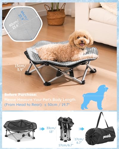 Pecute Elevated Dog Bed with Cooling Blanket, Chew Proof Outdoor Pet Cot for Small Dogs, Tool-Free Assembly & 360° Breathable Mesh for Summer Camping, Orthopedic Joint Support, M, 26×23.6×5.9" - size: M(26 × 23.6 × 5.9'')