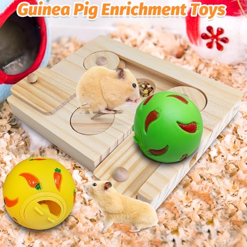 PINVNBY Guinea Pig Foraging Toy Sniff n' Snack Bunny Chew Toys Small Animal Wooden Enrichment Toys with 2 Balls Interactive Treat Dispenser for Rabbit Hamster Chinchillas Rats and Gerbils